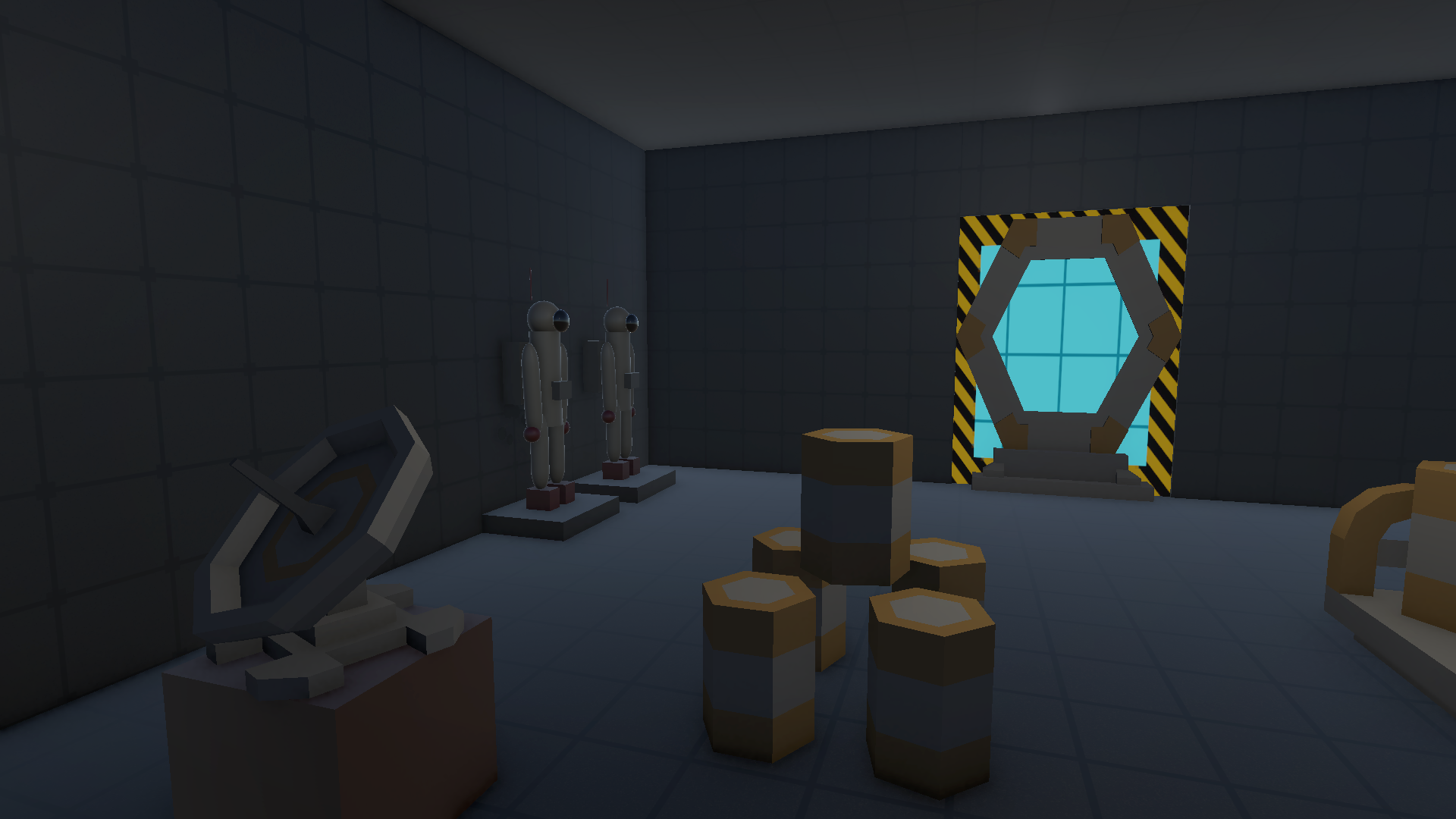 Docking Bay, showing the space suits, satellite dish, barrels, cargo cart, and the glowing airlock